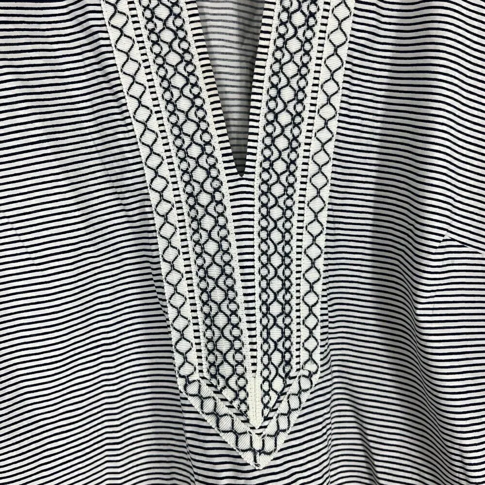 Tory Burch Tunic Dress Size 4 Women Blue White Embroidered Striped V Neck Kaftan
